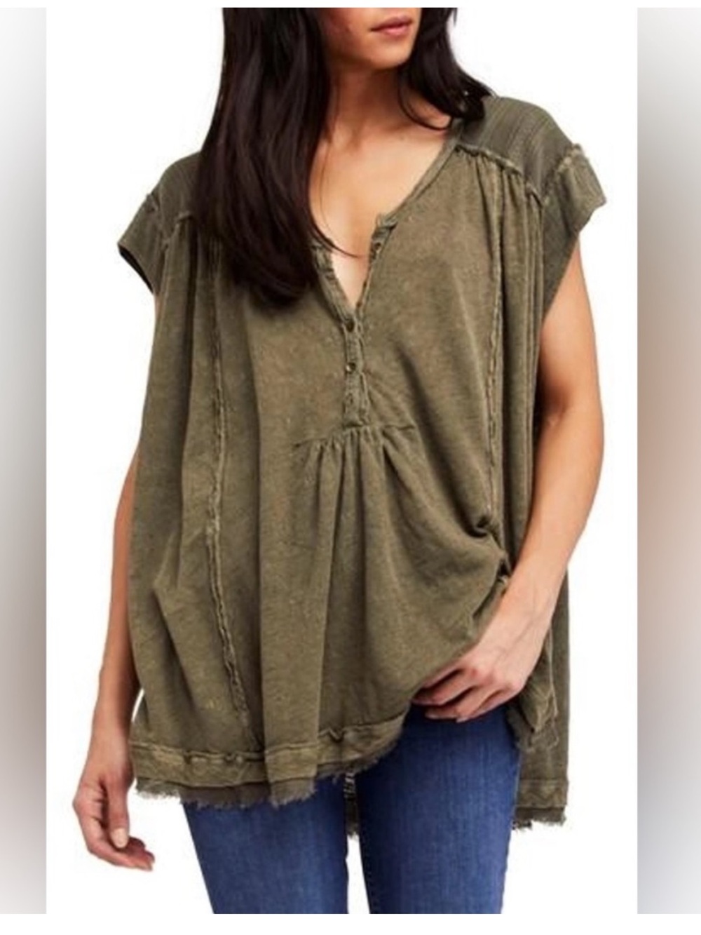 Free People Olive Green Women's Button Aster Glow Flowy Henley Top size large - Picture 7 of 10